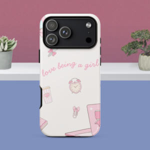 Noveah snap iPhone case with pink "love being a girl" printed design